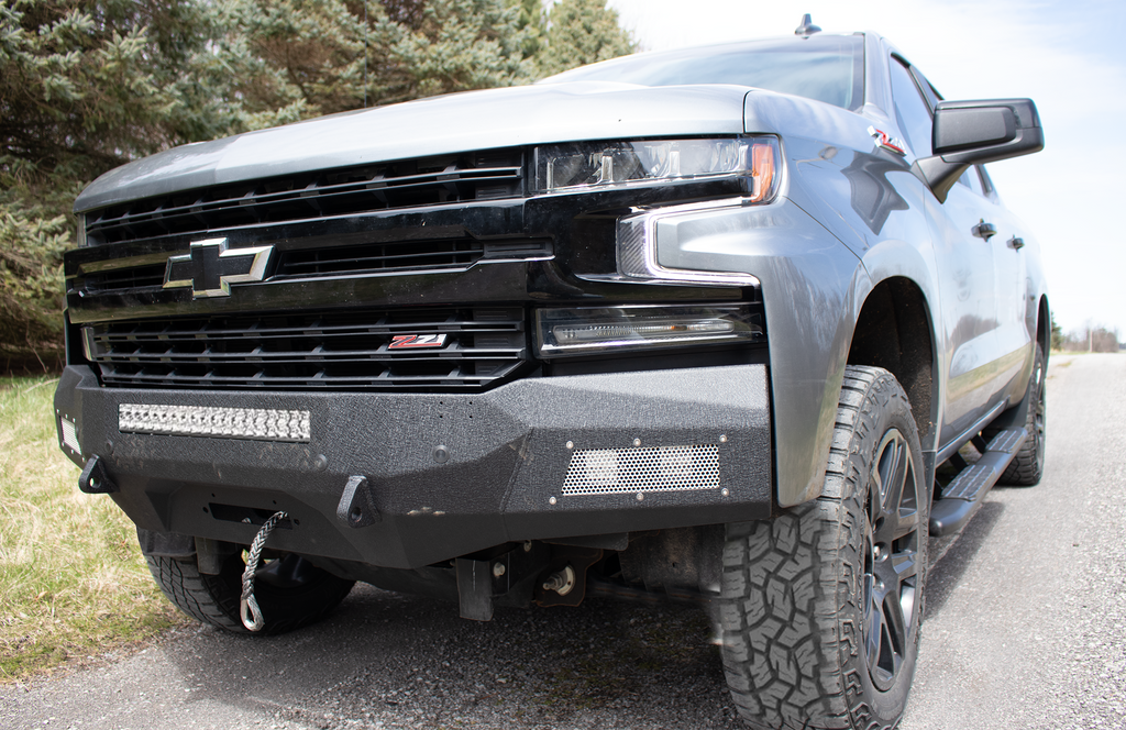 Easy bolt-on design for 2019 - 2021 Chevy Silverado 1500 bumper with LED light mounts, D-ring mounts, winch compatibility, and various features