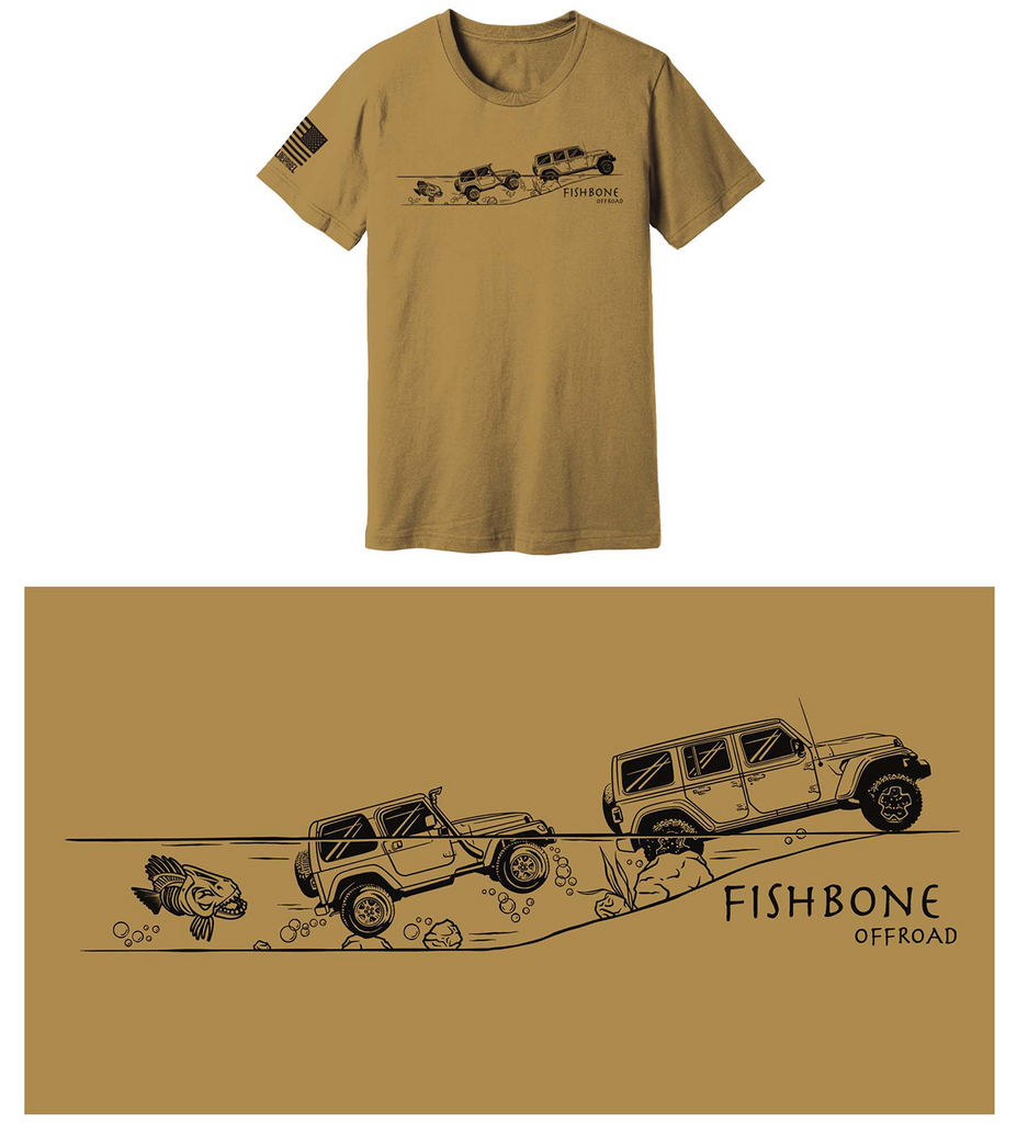 A comfortable Fishbone Evolution T-Shirt by Nine Line Apparel featuring a Piranha logo evolving into a JL Wrangler design and the brand's signature logo on the sleeve. Made from 100% prewashed ring spun cotton