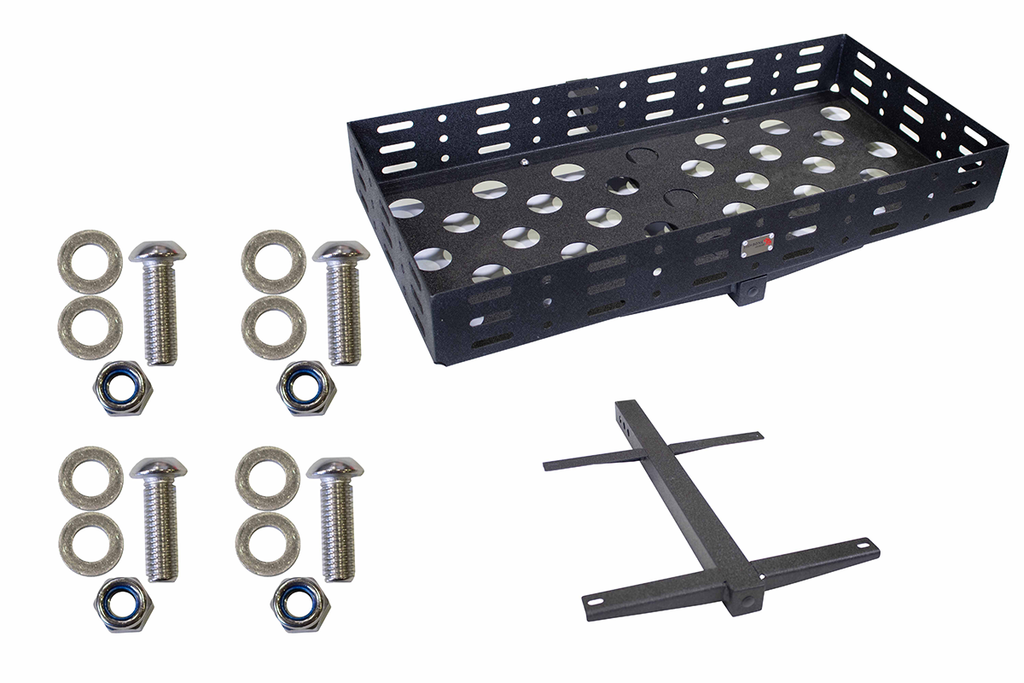 Top view of the Fishbone Offroad Cargo Basket with supplied hardware, emphasizing its spacious design and secure mounting slots.