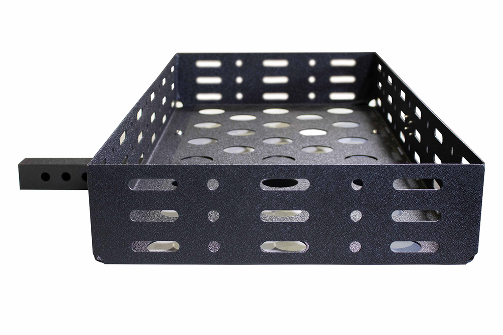 Side angle of the Fishbone Offroad Cargo Basket highlighting its laser cut mounting slots.