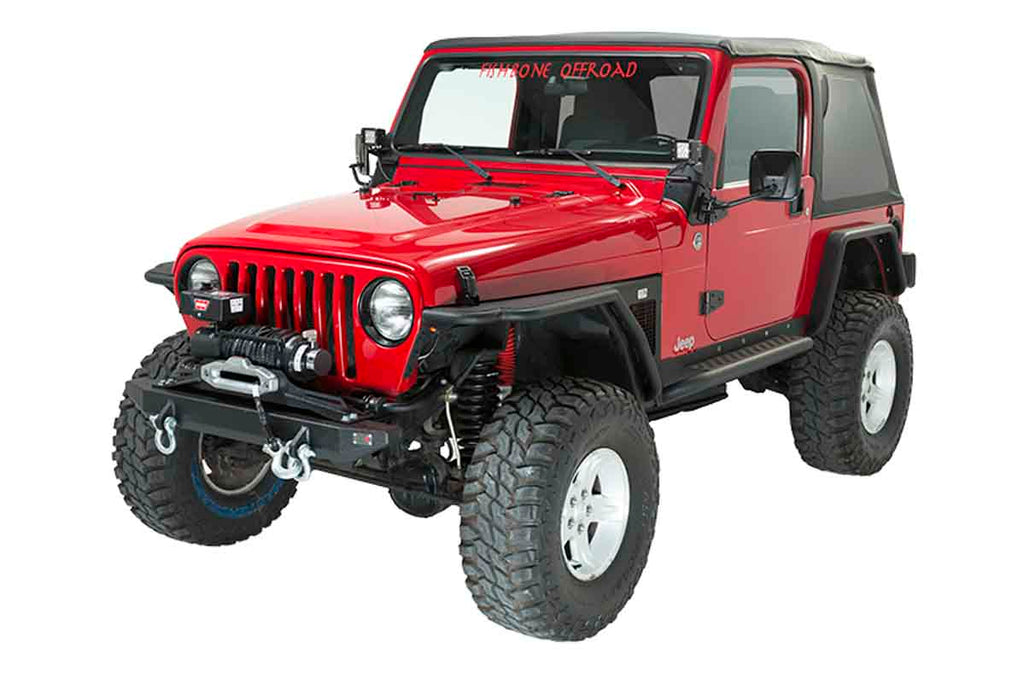 Jeep Wrangler equipped with the Fishbone Offroad Piranha Series Front Bumper and Raised Winch Plate, ready for off-roading.