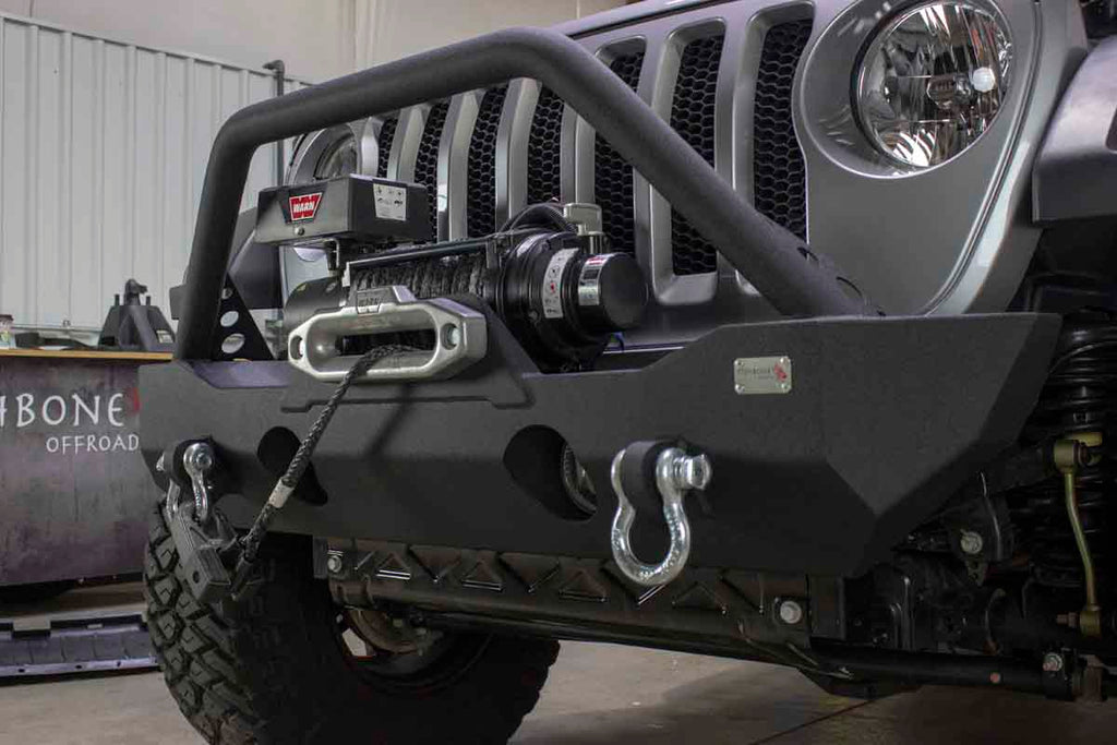 Fishbone Offroad Mako Front Bumper, tailored for Jeep Wrangler JL and Gladiator JT, combining robust protection with sleek design and functionality.