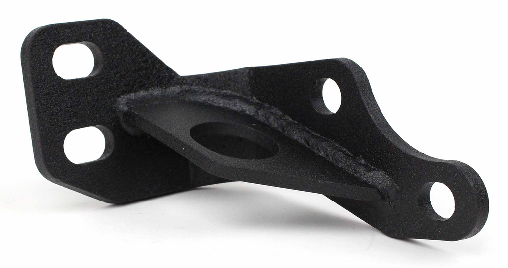 Fishbone Offroad's black-textured bumper to frame tie-in bracket, designed for reinforcing the mounting of Jeep Wrangler rear bumpers.