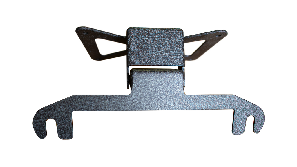 Fishbone Offroad black powder-coated fairlead license plate mount attached to a Hawse style fairlead, showcasing versatility and style.