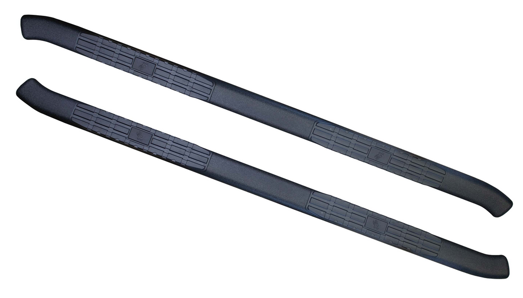 Luxurious 5-inch oval side steps in a commanding black, precision-crafted for Dodge Ram and Ram 1500, 2500, 3500 Crew Cab, accentuated by the iconic Fishbone grip step pad.