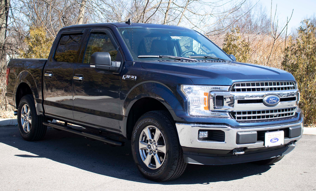 Sleek 5-inch oval side steps by Fishbone Offroad for 2015-2023 Ford F-Series Super Cab, featuring a distinctive Fishbone-branded grip step pad.