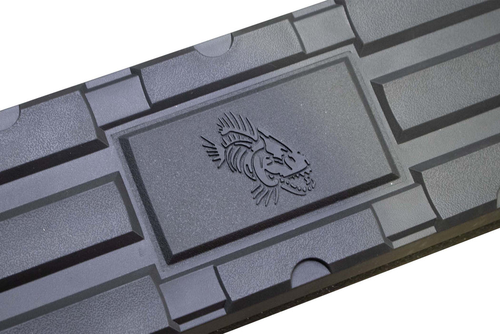 Robust 5-inch oval side steps with a sleek black textured finish, meticulously crafted for the Toyota Tundra Crew Max Cab, showcasing the unmistakable Fishbone grip step pad.