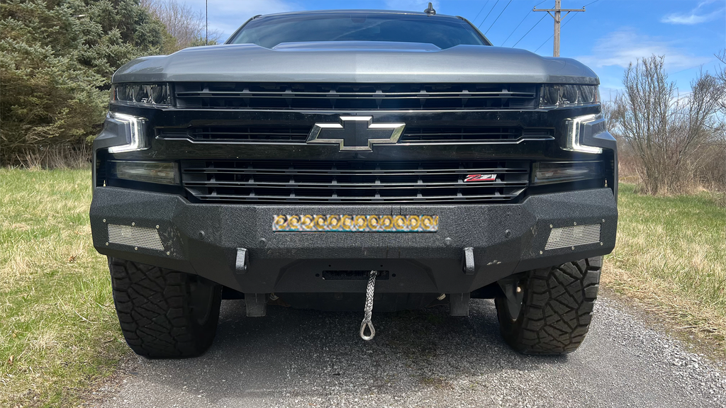 Easy bolt-on design for 2019 - 2021 Chevy Silverado 1500 bumper with LED light mounts, D-ring mounts, winch compatibility, and various features
