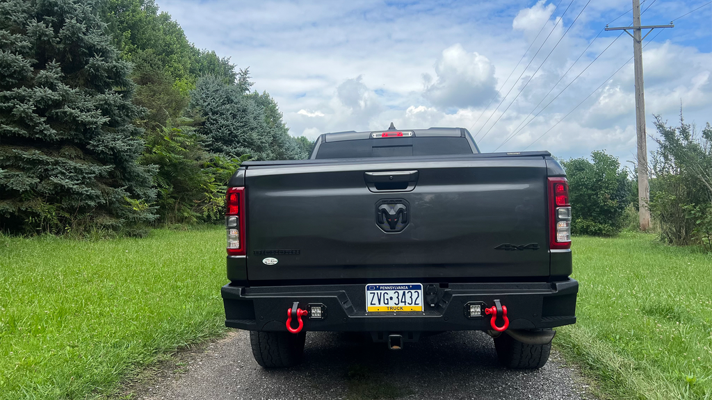 Premium black rear bumper installed on a 2019 Ram 1500
