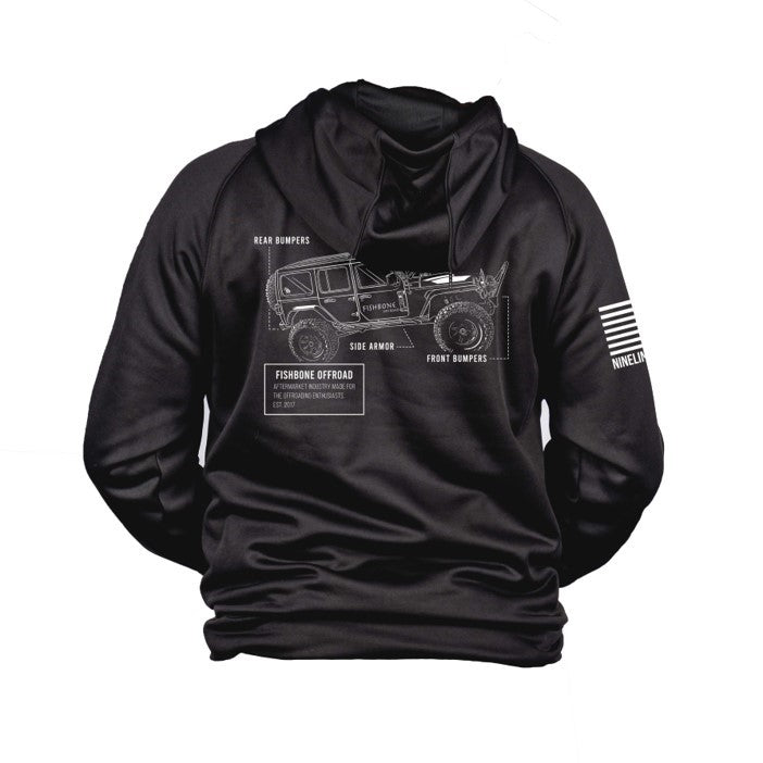 A comfortable Fishbone Schematic Tailgater Hoodie by Nine Line Apparel featuring a JL broken down part by part design and the brand's signature logo on the sleeve