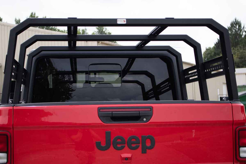 Fishbone Offroad Full Height Tackle Rack mounted on a 2020 Jeep Gladiator JT, showcasing strength and versatility for off-roading adventures.