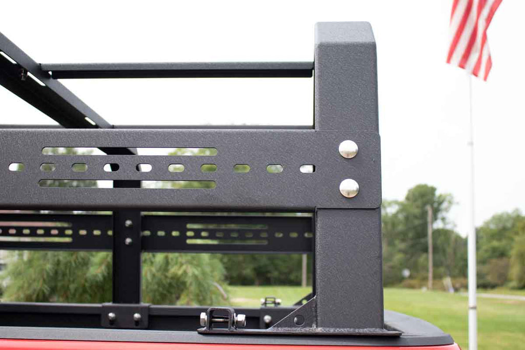 Fishbone Offroad Full Height Tackle Rack mounted on a 2020 Jeep Gladiator JT, showcasing strength and versatility for off-roading adventures.