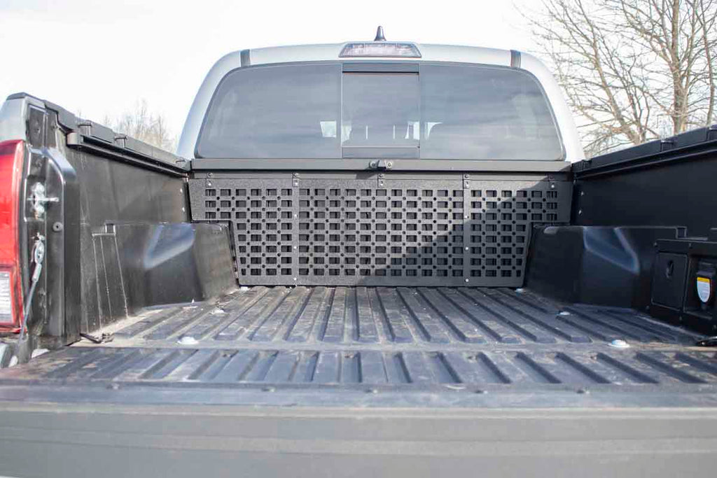 Installed Black Front Bed Wall Molle Panel - 5' Bed Fits 2016+ Toyota Tacoma - Short 5' Bed 