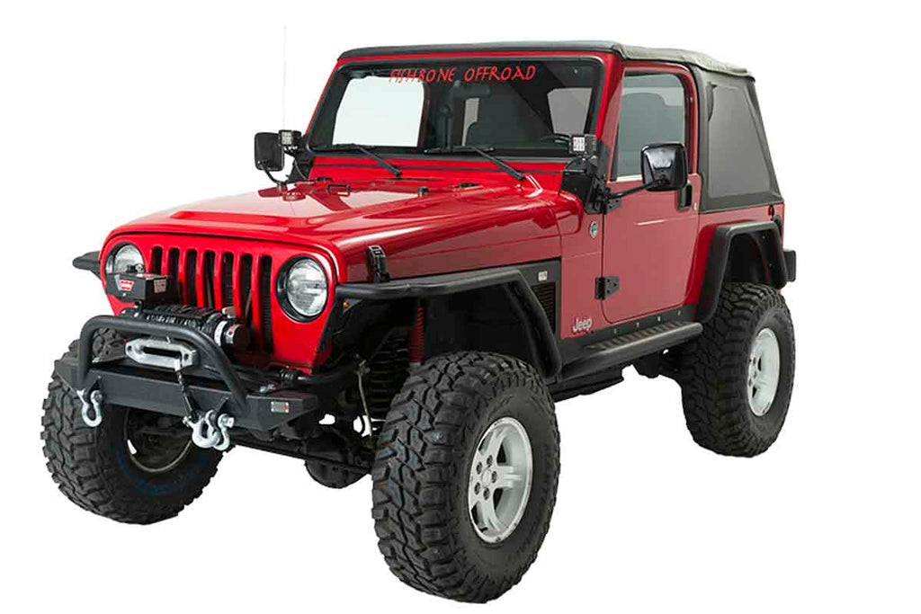 Fishbone Offroad Piranha Front Bumper with raised winch guard, crafted for the Jeep Wrangler TJ, displaying durability and modern design.