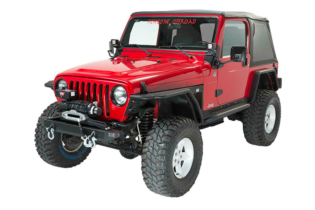 Fishbone Offroad Piranha Front Bumper displayed against a Jeep Wrangler TJ backdrop.