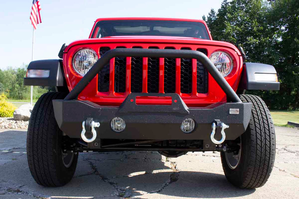 Fishbone Offroad Mako Front Bumper, tailored for Jeep Wrangler JL and Gladiator JT, combining robust protection with sleek design and functionality.