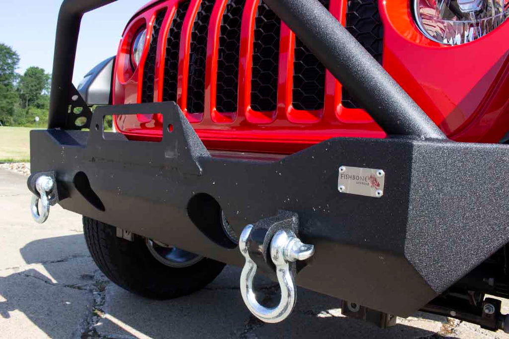 Fishbone Offroad Mako Front Bumper, tailored for Jeep Wrangler JL and Gladiator JT, combining robust protection with sleek design and functionality.