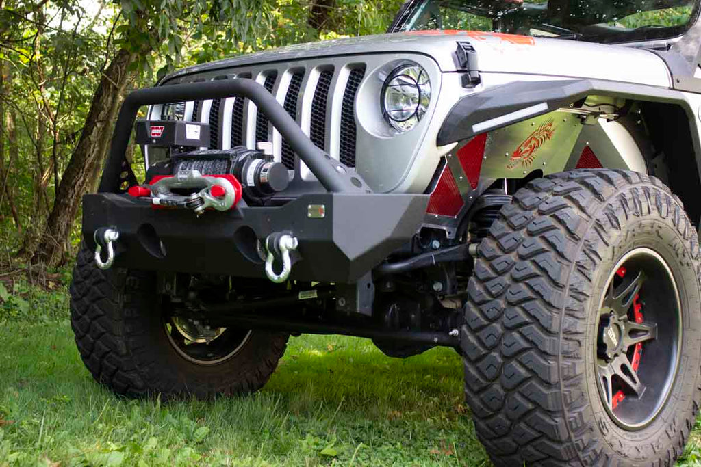 Fishbone Offroad Mako Front Bumper, tailored for Jeep Wrangler JL and Gladiator JT, combining robust protection with sleek design and functionality.