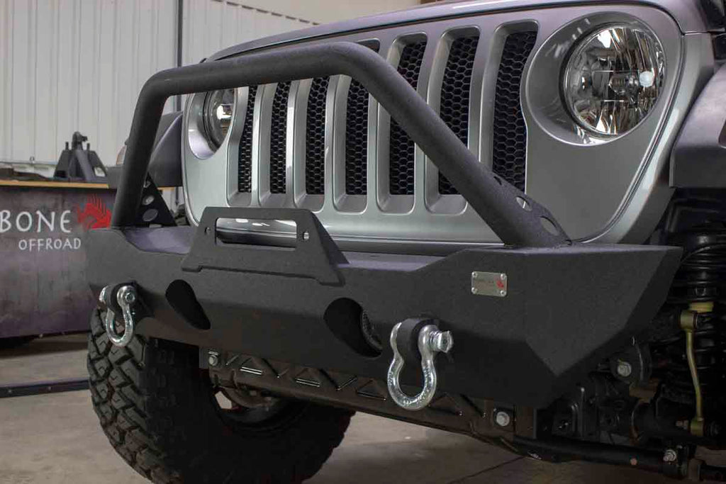 Fishbone Offroad Mako Front Bumper, tailored for Jeep Wrangler JL and Gladiator JT, combining robust protection with sleek design and functionality.