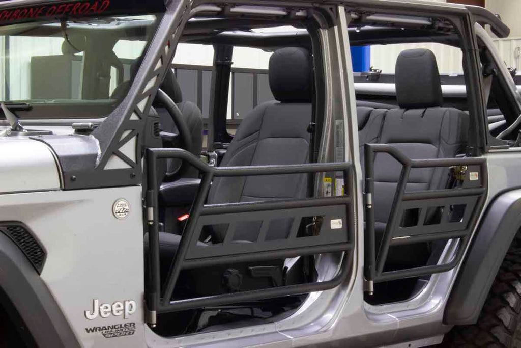 Fishbone Offroad black powder-coated tube doors on a Jeep Wrangler JL.